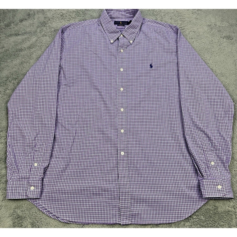 Polo Ralph Lauren‎ Performance Shirt Men 2XL Purple Gingham Plaid Button Down